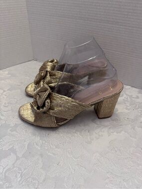 Lulus 8.5 Dorothea Gold Knotted High Heel Sandal Metallic Chic Block Heel